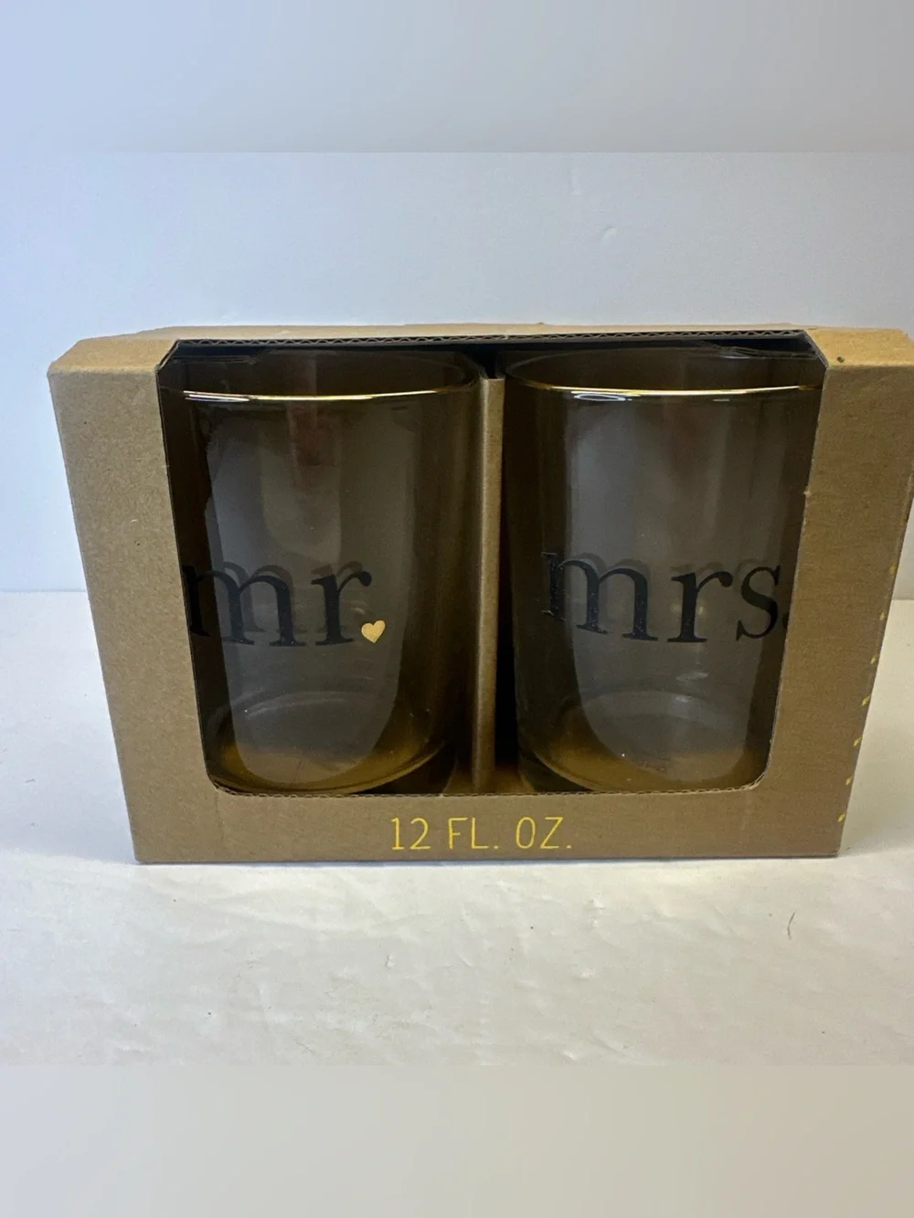 Mr. and Mrs. Hearts Gold Rim 2-Pc. Wiskey Rock Glasses, 12 oz. new in box,